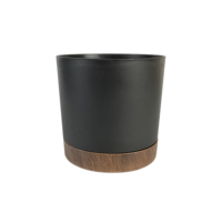 Pot de fleurs cylindrique en plastique PP bicolore bleu clair mat avec base imitation bois et trou de drainage pour la maison et le jardin