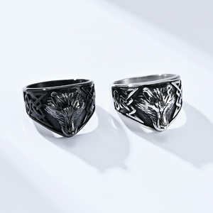 Dunkler Stil Nordischer Wikinger Wolfskopf-<span class=keywords><strong>Ring</strong></span> 18K Vergoldeter Edelstahl Keltischer Knoten Geometrisches Design Gotischer Biker-Schmuck für Männer - Product Image 1