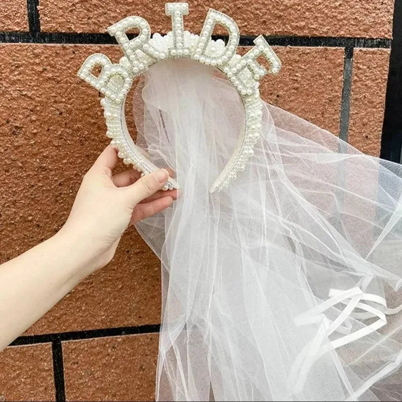 Cô Dâu Headband với Mạng Che Mặt bachelorette Headband ngọc trai hen bên cô dâu được Mạng che mặt Quà Tặng cô dâu