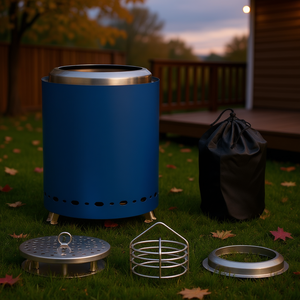 Estufa de Leña Portátil de Acero Inoxidable para Exteriores, Cilíndrica Azul, con Recipiente para Cenizas y Rejilla para Leña - Product Image 2