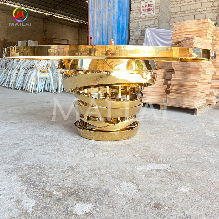 High quality wedding decoration gold round clear glass top stainless steel leg dining table set for event