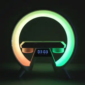 Lámpara de escritorio de carga inalámbrica Lonvel, lámpara de mesa inteligente G6A con reloj, altavoz de música BT, luz nocturna ambiental, luz de mesa G con alarma