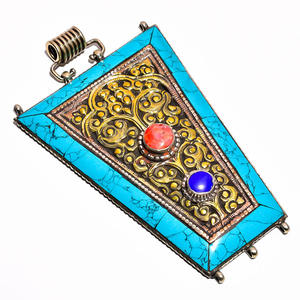 Colgante de piedras preciosas de Coral, turquesa Natural, joyería de plata tibetana, joyería Nepali, TP23 - Product Image 5