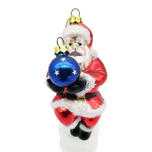 Hiasan kaca kustom murah desain antik Santa Claus pria tua hiasan pohon Natal ditiup tangan dengan bola Natal