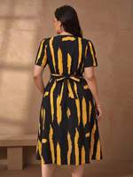 Robe midi rayée grande taille, robe trapèze boutonnée à manches courtes et col en V avec poches, tenue décontractée et de bureau