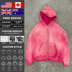 Offres ODM personnalisées : Sweat à capuche 100 % coton, style vintage français, délavé à l'acide, avec fermeture éclair rose embossée et effet délavé pour homme - Product Image 2