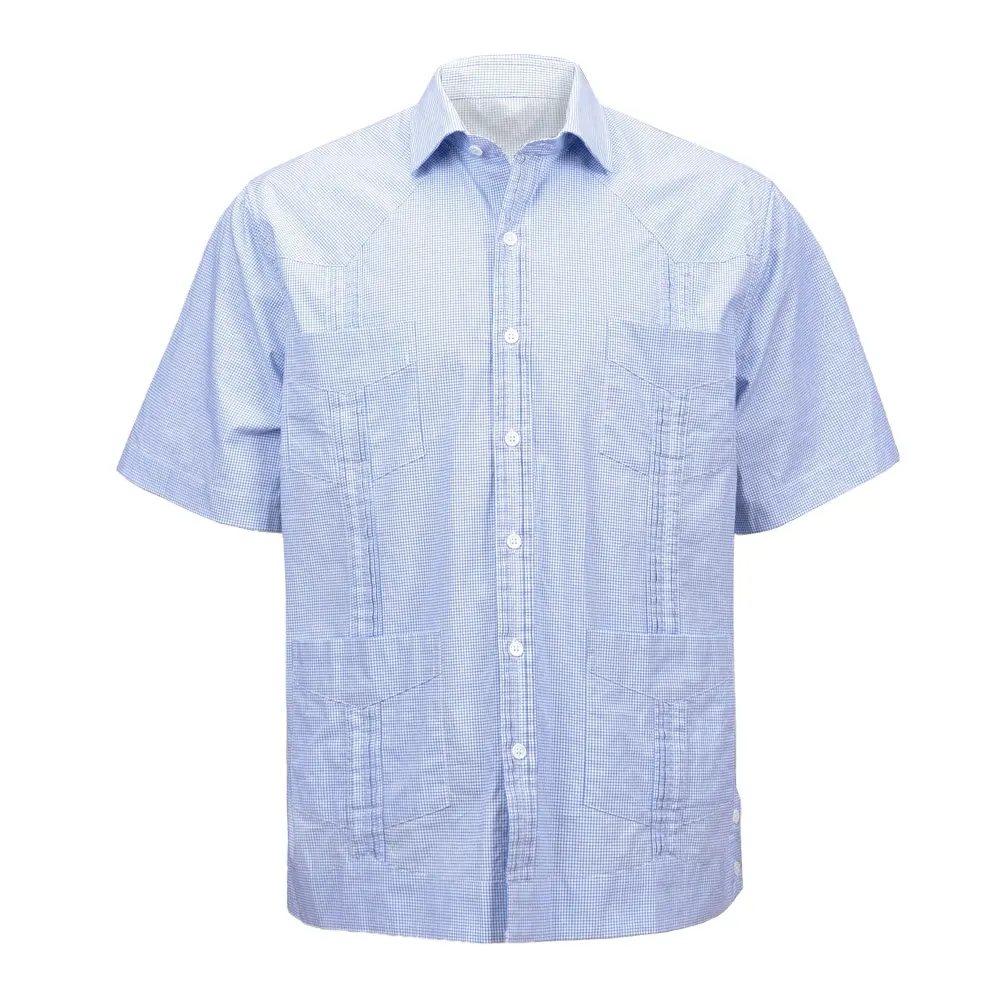 Camisa cubano masculina, camisa de manga curta bordada mexicana azul guayabera