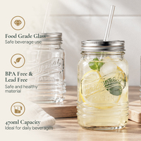 Gelas Minum Mason Jar Besar dengan Tutup Sekrup Logam, Sedotan Kaca, dan Motif Embos untuk Smoothie, Lemonade, dan Minuman Dingin