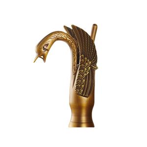 Grifo de lavabo de baño de latón con cuello de cisne dorado de lujo con manijas individuales artísticas - Product Image 5