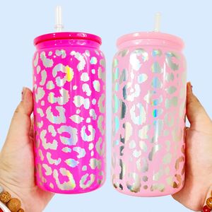 Custom LogoElegant Shaped Drinking Glasses Leopard Cheetah Print 16oz <b>Beer</b> Glass Can with Colorful Plastic Lids - Product Image 3