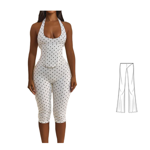 Mono halter blanco de lunares para mujer, de cintura alta, control de abdomen, sin mangas, largo a media pantorrilla, para discoteca - Product Image 1