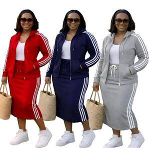 Hooded Zipper Sweatshirt <b>Skirt</b> Set Striped Full Length Streetwear Women's Two Piece Outfit J5364 - Product Image 4