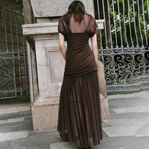 European American Style Pleated Long Dress High Neck Translucent Bodycon Evening Dress For Women - Product Image 4