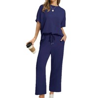 Ensembles deux pièces pour femmes, automne, tissu uni, manches courtes, hauts à col montant, pantalons à jambes larges, tenues de vacances et de voyage