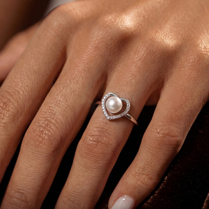 Bague en cuivre avec cadre en forme de cœur, pavé de CZ, perle d'eau douce, bijoux romantiques en forme de cœur ouvert pour femmes, cadeau de mariage ou de Saint-Valentin - Product Image 5
