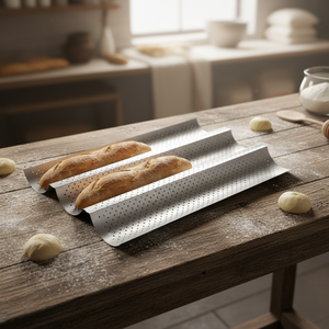 Plaque de cuisson baguette en acier au carbone de 0,5 mm avec design perforé, revêtement antiadhésif, écologique, compatible four et lave-vaisselle - Product Image 1