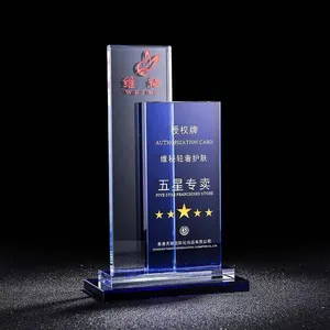 Yexi Crystal Factory Wholesale Blank Crystal Trophy Blue Glass Awards Business Authorize Brand