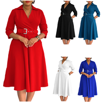 Robe d'automne tendance D3290 pour femme, décontractée et élégante, col à revers en V, manches 3/4, robe de bureau pour femme, robe d'église avec ceinture