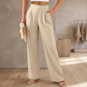 Pantalon large femme taille haute fluide palazzo respirant plissé devant décontracté été avec poches kaki - Product Image 2
