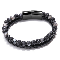Bracelet en corde de peau de vache à la mode pour hommes de style européen et américain Bracelet en pierre naturelle perlée en œil de tigre volcanique