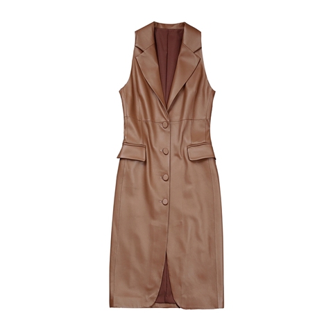 1505 New 2025 Women Fashion Sleeveless Suit Midi Dress High Waist Skinny Genuine Leather Skirt Halter Dress