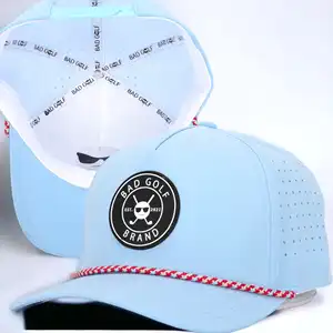 Topi olahraga Golf poliester tahan air 5 Panel Logo Patch PVC kustom mode baru, topi Golf ayah berlubang potongan Laser, topi bisbol tali