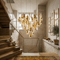 Lustre en verre en forme de feuille pour projet d'ingénierie, idéal pour hall d'hôtel, escalier, plafond haut, grande lampe suspendue en cascade