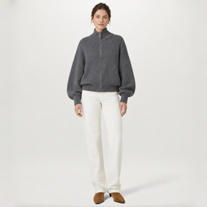 <span class=keywords><strong>Veste</strong></span> pull décontractée pour <span class=keywords><strong>femme</strong></span> en mélange cachemire et laine, coupe ample, col montant, manches lanternes, côtelé épais, poches latérales, fermeture éclair intégrale - Product Image 5