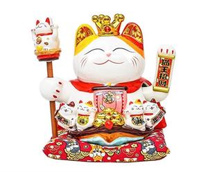 セラミックラッキーキャット10 "白いセラミックマネキネコ手を振った腕、華やかに装飾された磁器ビジネスに最適なギフト - Product Image 1