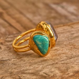 High Quality 18K Gold Plated Amazonite and Amethyst <strong>Rings</strong> <strong>Resizable</strong> for Anniversaries Wedding Bands - Product Image 3