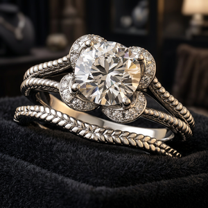 Ensemble de bagues de fiançailles et de mariage en or 10K 14K 18K et argent 925 935 plaqué rhodium, avec diamant de laboratoire certifié IGI, motif floral en forme de feuille - Product Image 1