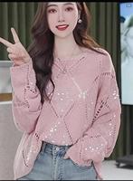 2024 printemps-été diamant treillis paillettes évidé pull en tricot polyvalent tête longue pull ample ensemble pour les femmes