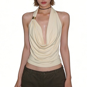 Top Corto Halter con Cuello Drapeado y Detalles Metálicos para Fiesta y Discoteca, Chaleco Fruncido sin Mangas para Mujer, Moda - Product Image 3