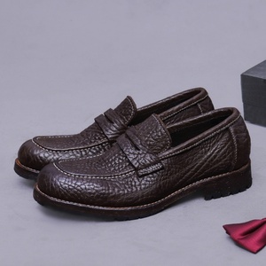 ASTON M.JAZZ Mocassins en cuir véritable gaufré motif litchi à enfiler, semelle en cuir, pour hommes, cousu Goodyear, chaussures de ville et de mariage - Product Image 1