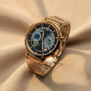 Montre chronographe pour homme avec cadran carte du monde, boîtier en acier inoxydable poli, fenêtre de date, bracelet en métal texturé, montre de voyage et d'affaires - Product Image 2