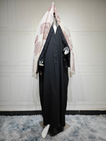 Ensemble Abaya Élégant Musulman Ouvert sur le Devant Longueur Cheville avec Robe Extérieure à Bordure Dentelle et Foulard Hijab Imprimé – Abaya Modeste de Dubaï pour l'Aïd au Moyen-Orient