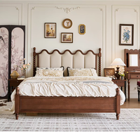 Lit Rétro Français en Bois de Cerisier Massif avec Tête de Lit en Cuir Souple, 1,81 m x 5 m, Lit Double Style Antique, Meuble de Chambre