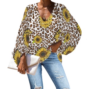 Vente en gros de tuniques de luxe col en V <span class=keywords><strong>grande</strong></span> <span class=keywords><strong>taille</strong></span> pour femmes, t-shirt ample avec impression de fleurs de soleil, chemises et chemisiers à manches longues pour femmes - Product Image 5
