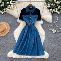 Robe décontractée en jean patchwork pour femmes, manches courtes, col rabattu, ceinture, robe midi style A pour un usage quotidien, robes décontractées