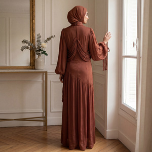 Elegante y Modesto Vestido Maxi Abaya Musulmán de Poliéster con Cuello en V, Manga Larga, Fruncido y Acampanado, Moldeador para Altas Temperaturas, Nueva Colección Primavera 2026 - Product Image 2