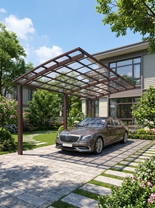 Abri de voiture en aluminium de style architectural avec finition imitation bois pour parking moderne dans un jardin - Product Image 4
