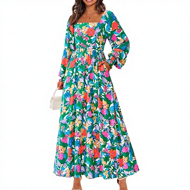 PWomen Floral Maxi Dresses 2026 Spring Long Sleeve Square Neck Boho a Line Wedding Guest Casual Flowy Viscose