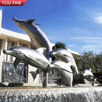 YOUFINE En Acier Inoxydable Sautant Dauphin Groupe Sculpture Dynamique Paysage Côtier Art Installation Personnalisable Statue En Métal