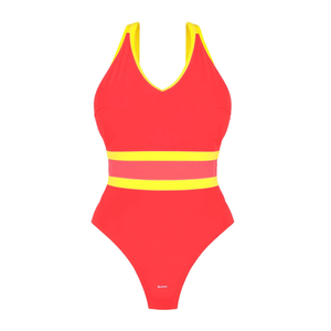 Costume da bagno intero da donna Buonic, a righe rosse e gialle, taglie forti, con scollo a V, per l'estate e la spiaggia - Product Image 1
