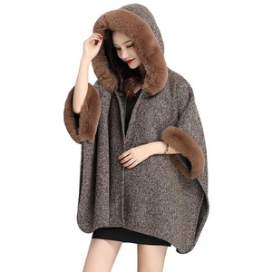 <b>Women</b> Stylish Hooded Faux Fur <b>Cape</b> with Fluffy Trim Elegant Artificial Fur Claok Casual Winter Wear for Dinner Family Gathering - Product Image 1