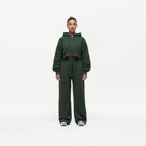 Set di Felpa con Cappuccio e <span class=keywords><strong>Pantaloni</strong></span> in Cotone e Poliestere per <span class=keywords><strong>Donna</strong></span>, Personalizzabile con LOGO, Stile Vintage, Verde Navy con Cerniera - Product Image 4