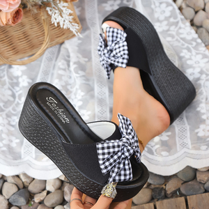 Mules compensées pour femmes, version coréenne, avec nœud papillon et fleur, talons hauts rehaussants, chaussures tendance M17 - Product Image 2