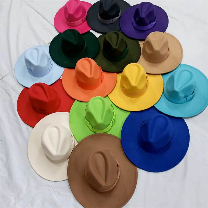 2024 새로운 트렌드 9.5cm 와이드 챙 도매 여성 페도라 모자 일치하는 리본 활 플랫 페도라 모자