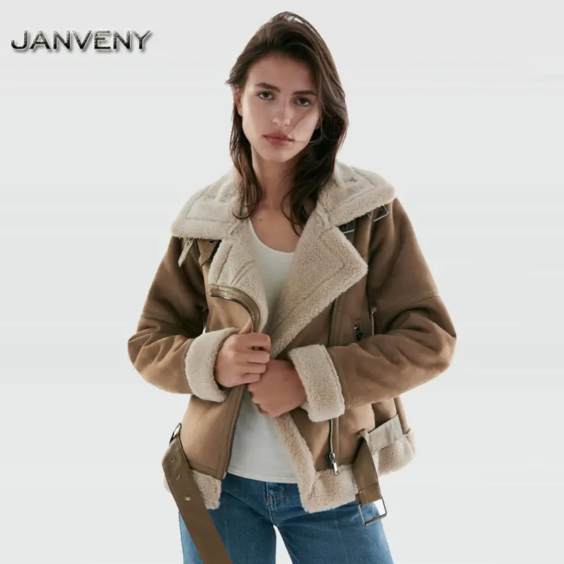 JANVENY 2022 New Winter Women Thick Warm Vintage Lambswool Motorcycle Brown Coats Faux Shearling Sheepskin Leather Jacket Wear