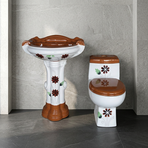 Ensemble de salle de bain en céramique Vitrosa noir, comprenant une toilette monobloc et un lavabo sur pied, motif floral, articles sanitaires - Product Image 5